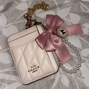 Coach Quilted Chalk Card Case Keyring with Satin Bow & Pearl Charm 🎀